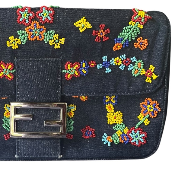 Designer Inspired Denim Clutch with Colorful Beads - Picture 5 of 8